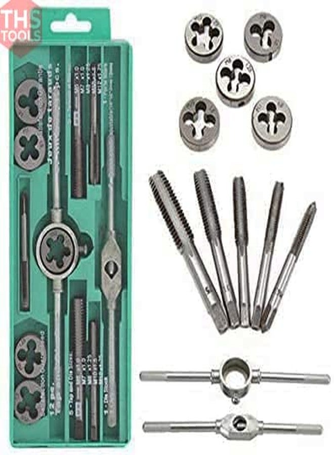 THS 12pcs Threading Tap & Die Set M6-M12,Metric Sizes,Tap & Dies With Tap Wrench & Round Die Handle Complete Set - Image 1